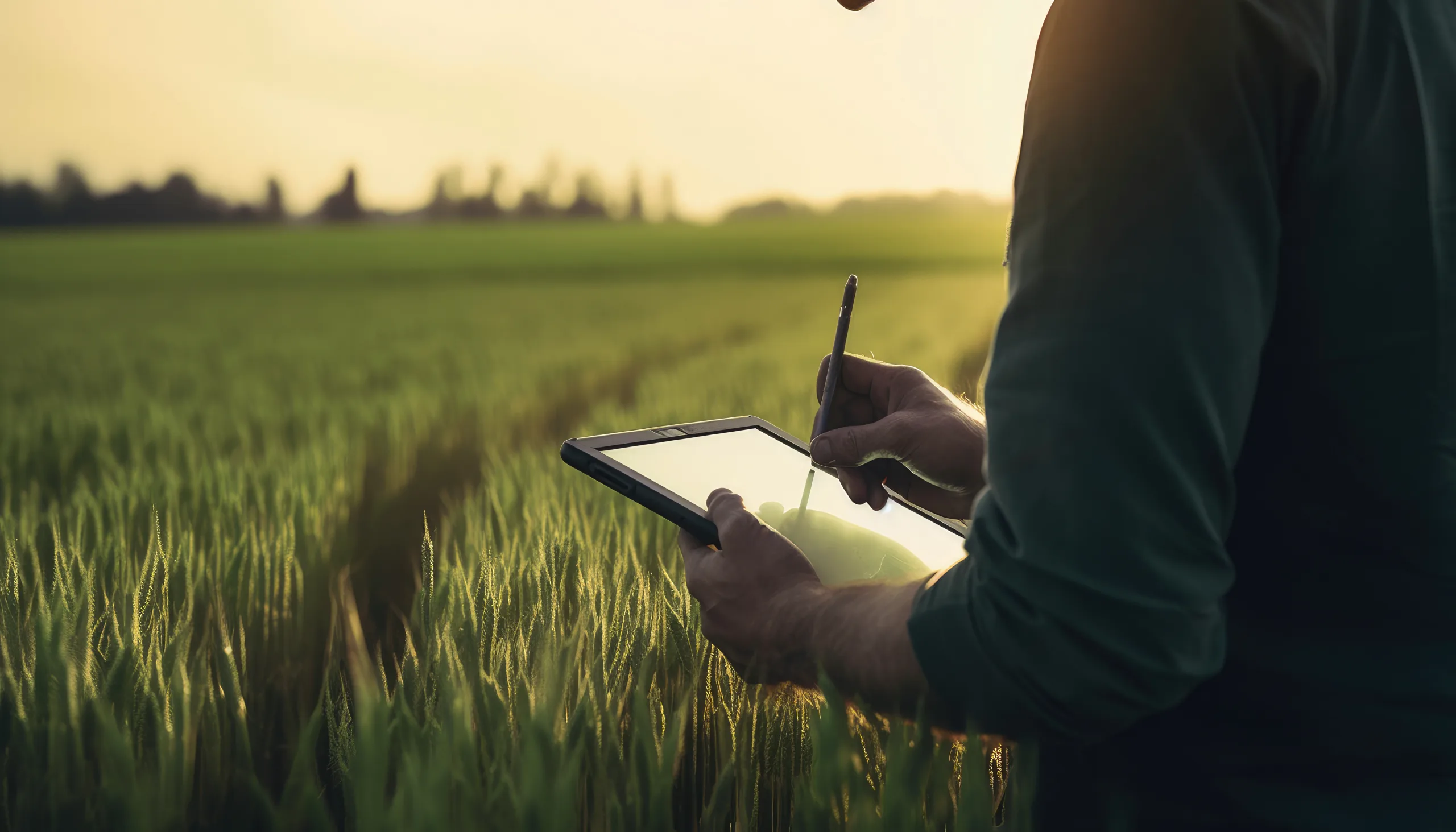 An image of a man standing in a field, writing on a digital tablet